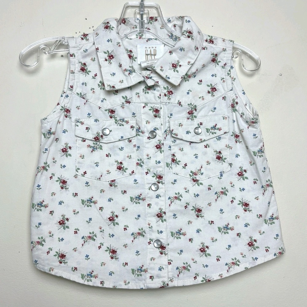 VTG Y2K 99 Baby Gap White Floral Button Up Sleeveless Shirt 12-18M Tank Pearl